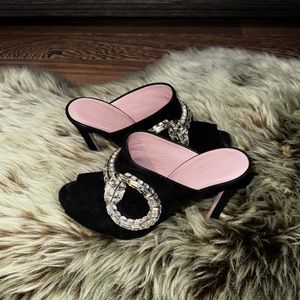 Gucci Black Suede Maxime Crystals Embellished Open Toe heels